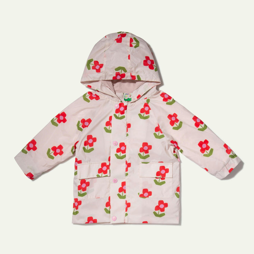 Baby Flower Print Ribbed Cuff Hooded Zipper Raincoat