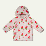 Flower Print Ribbed Cuff Hooded Zipper Raincoat, Pink