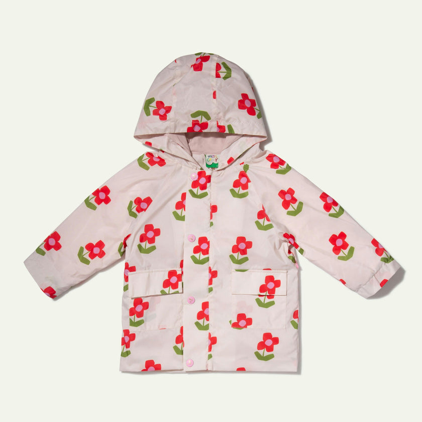 Flower Print Ribbed Cuff Hooded Zipper Raincoat, Pink