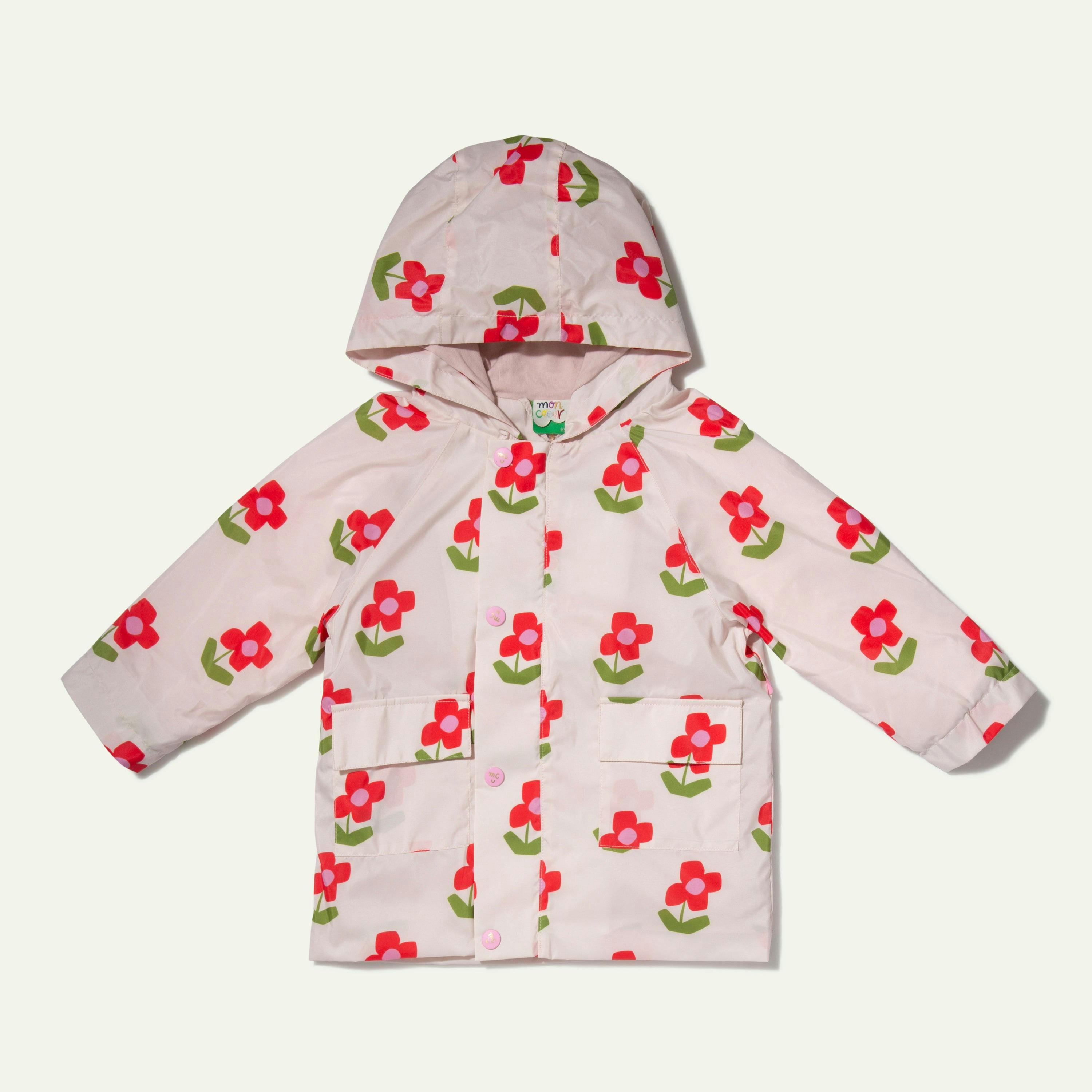 Flower Print Ribbed Cuff Hooded Zipper Raincoat, Pink