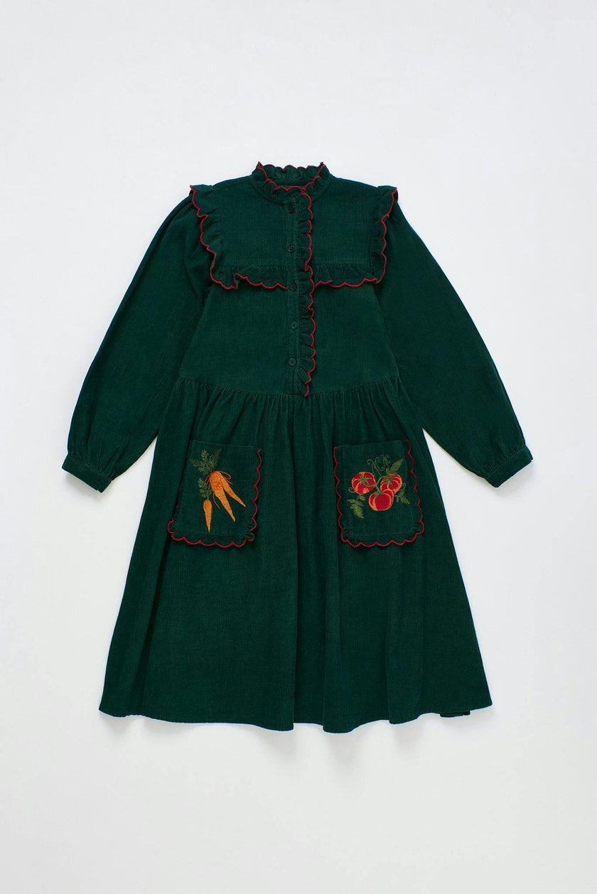 VEGETABLES EMBROIDERY MICROCORDUROY DRESS GREEN
