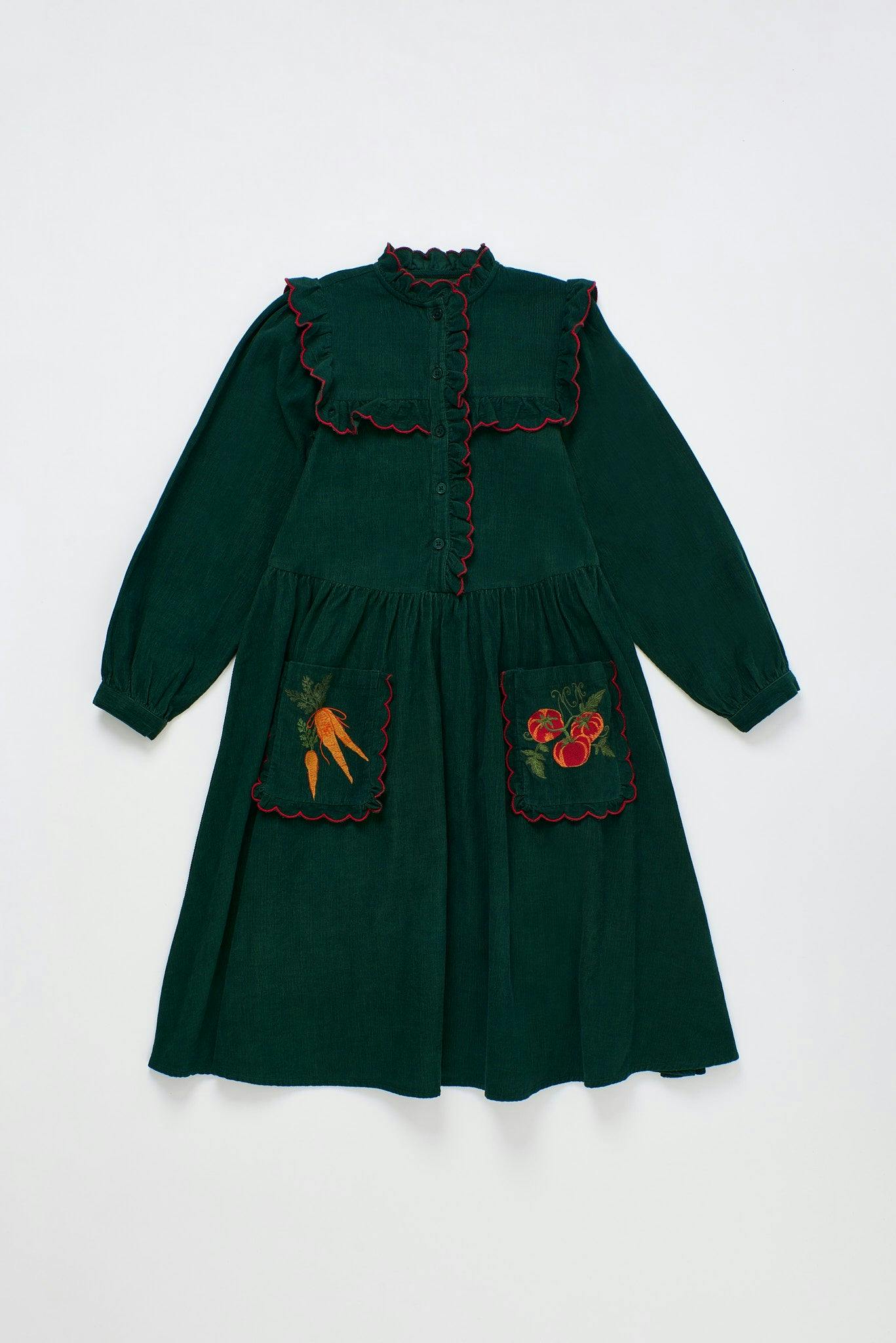 VEGETABLES EMBROIDERY MICROCORDUROY DRESS GREEN