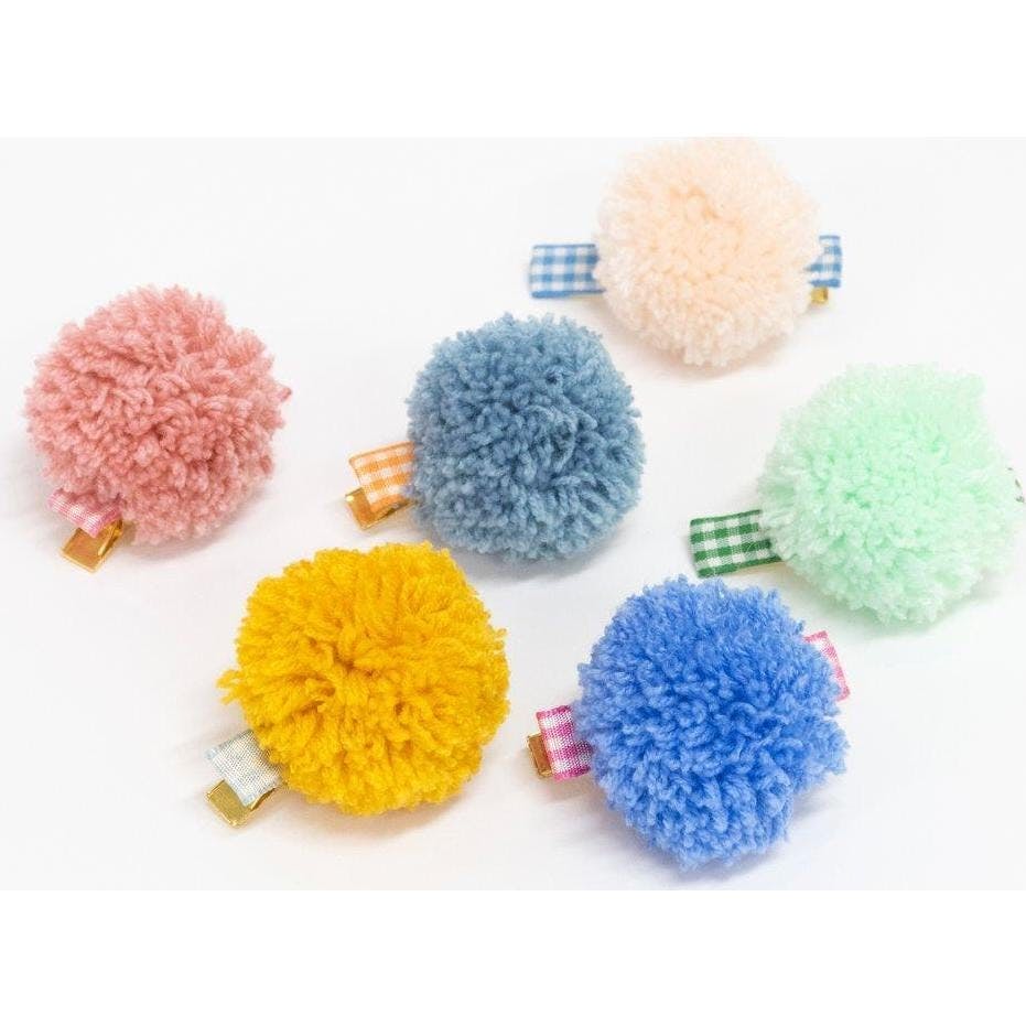 Gingham & Big Pompom Hair Clips