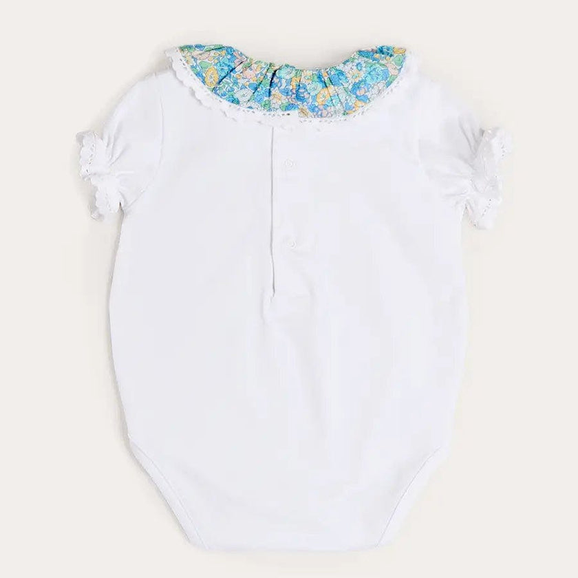 Leontyne Floral Ruffle Collar Lace Detail Bodysuit in Blue Made with Liberty Fabric (1mth-3yrs)
