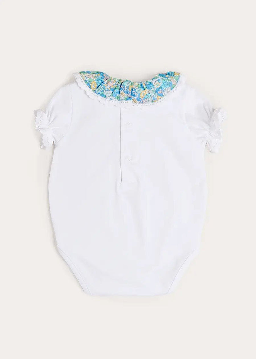 Leontyne Floral Ruffle Collar Lace Detail Bodysuit in Blue Made with Liberty Fabric (1mth-3yrs)
