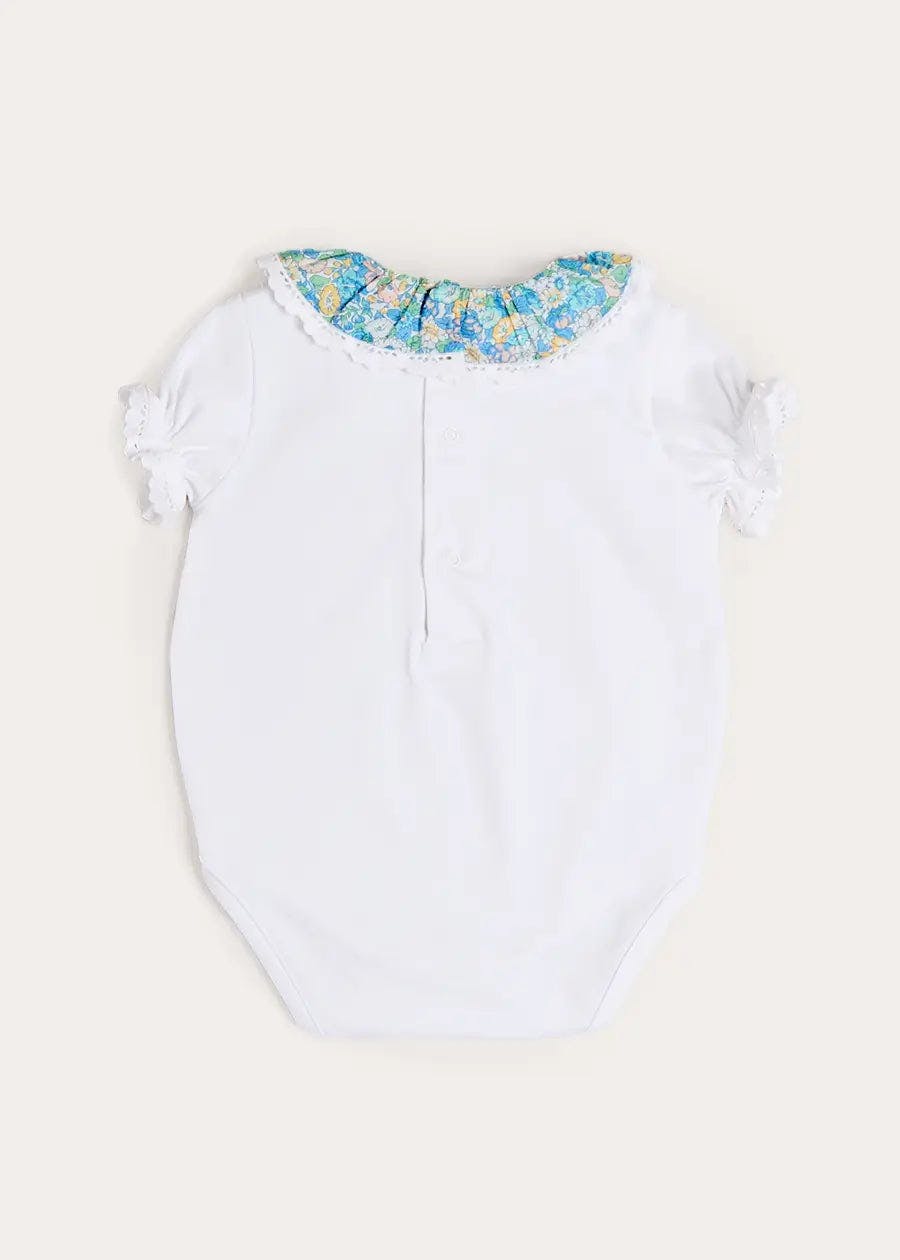 Leontyne Floral Ruffle Collar Lace Detail Bodysuit in Blue Made with Liberty Fabric (1mth-3yrs)