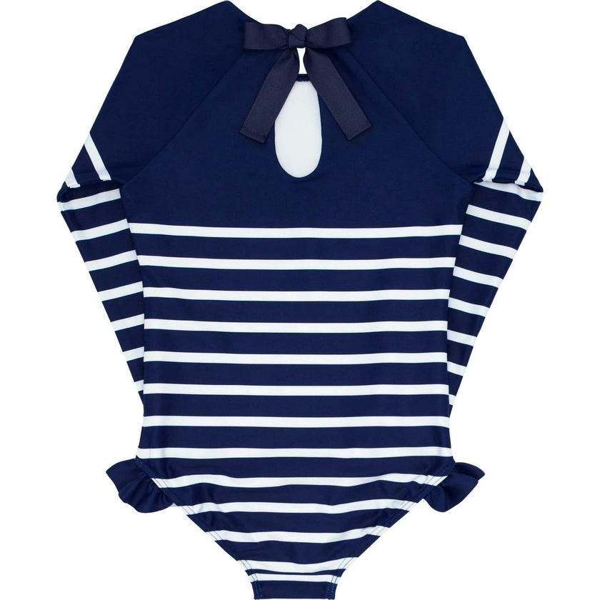 Breton Stripe Grosgrain Ribbon Back Tie One-Piece Rashguard