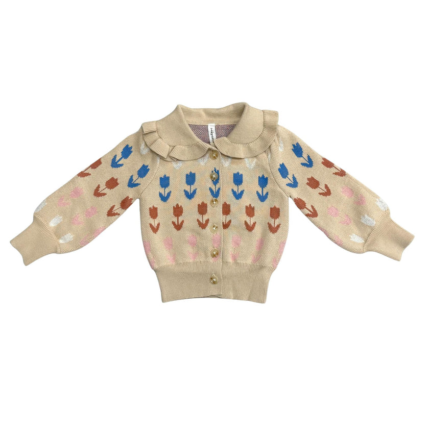 Girls Floral Knit Cardigan in Beige Tulip Intarsia