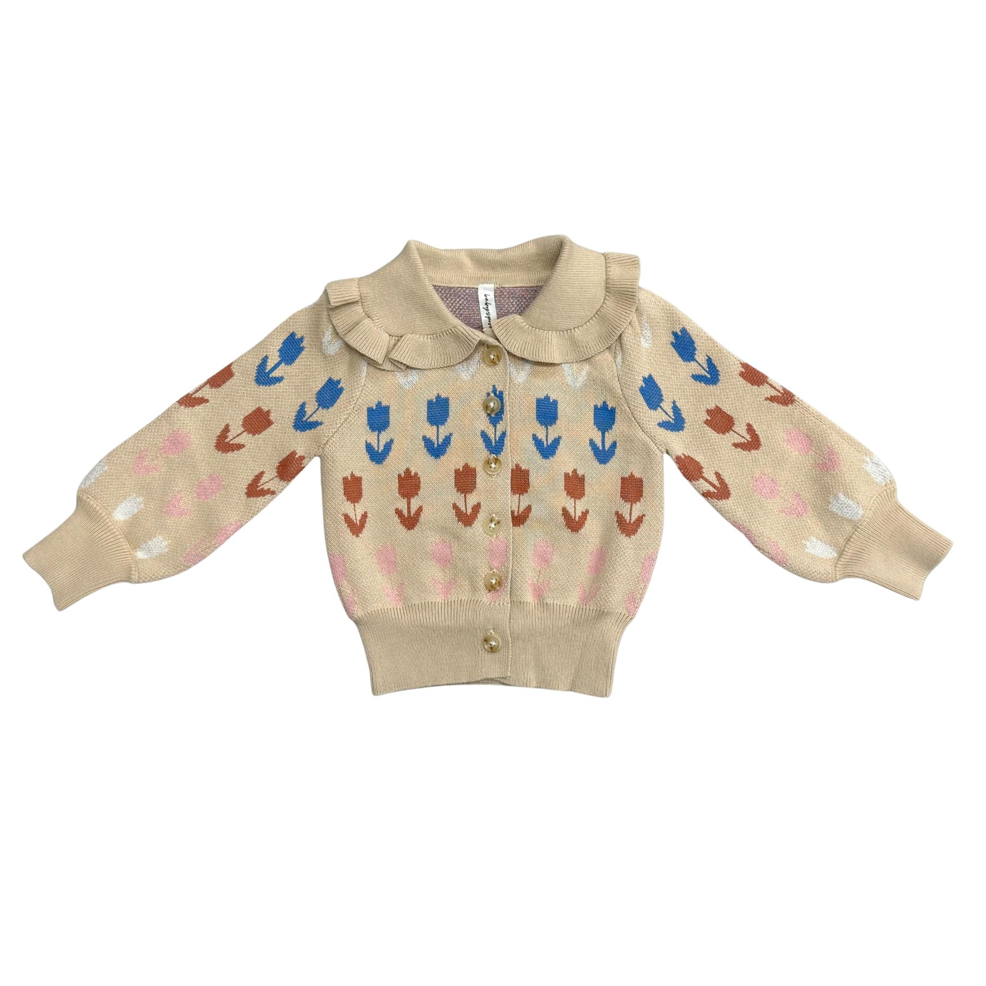 Girls Floral Knit Cardigan in Beige Tulip Intarsia