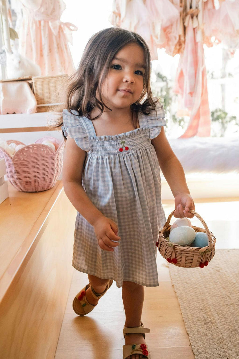 Smock Flutter Dress in Blue Gingham/Cherry