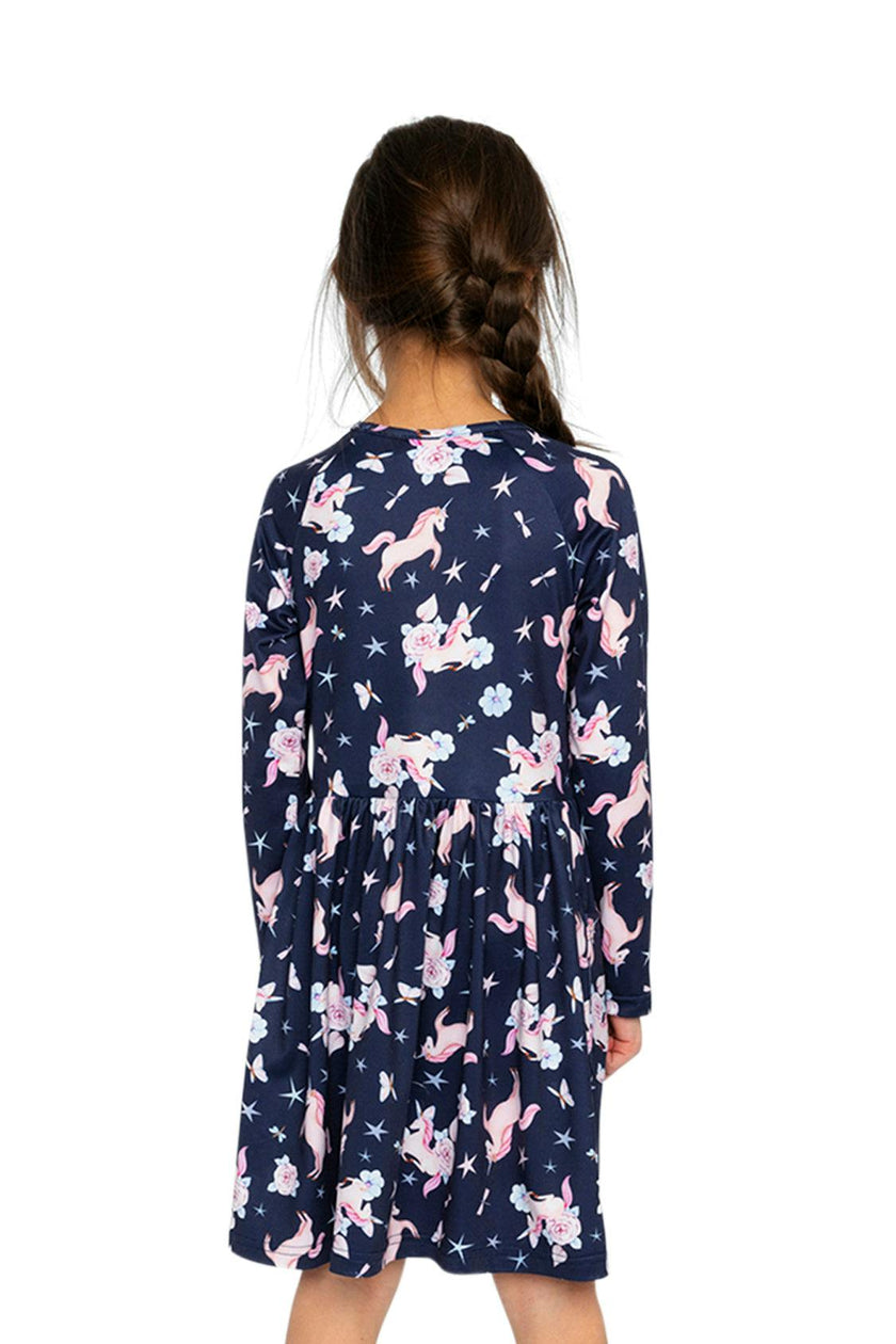 Long Sleeve Dress Navy Unicorn Print