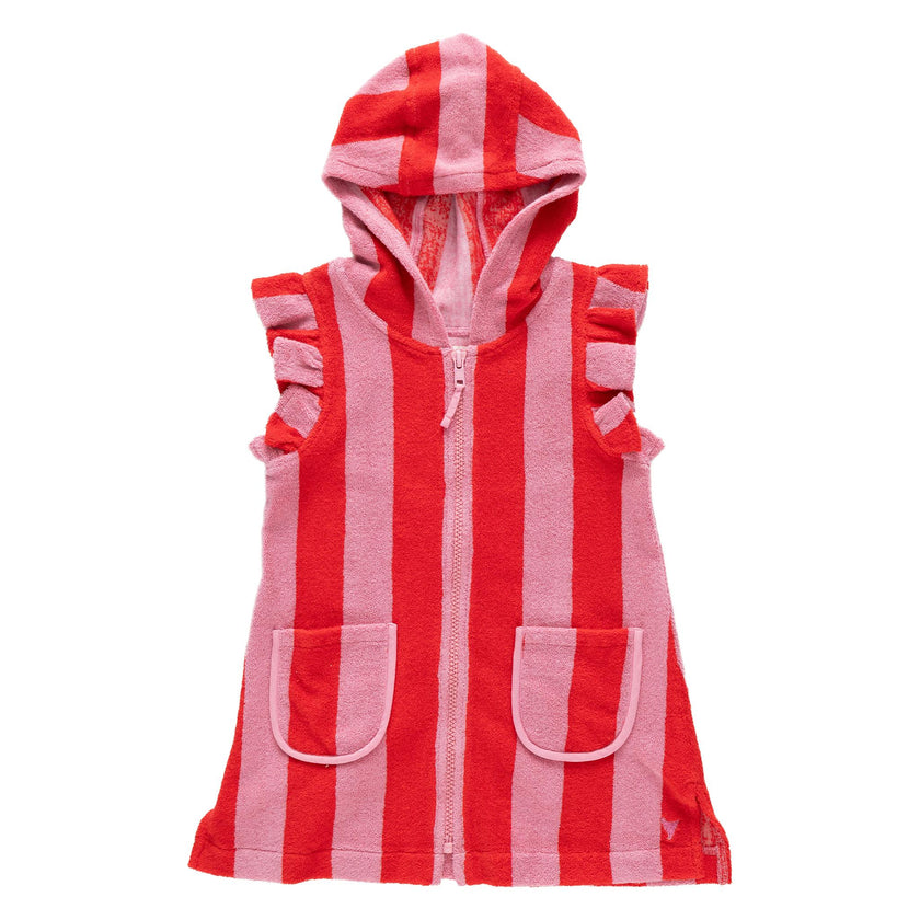 Girls Terry Coverup - Pink Red Stripe