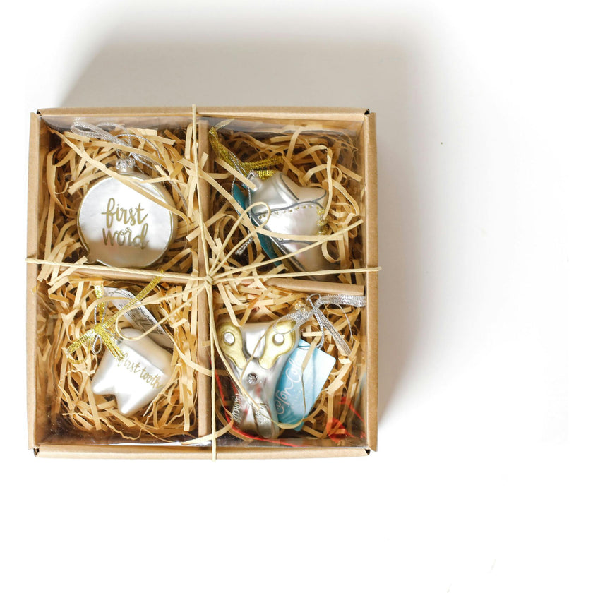 Set of 4 Baby's First Milestones Glass Ornaments