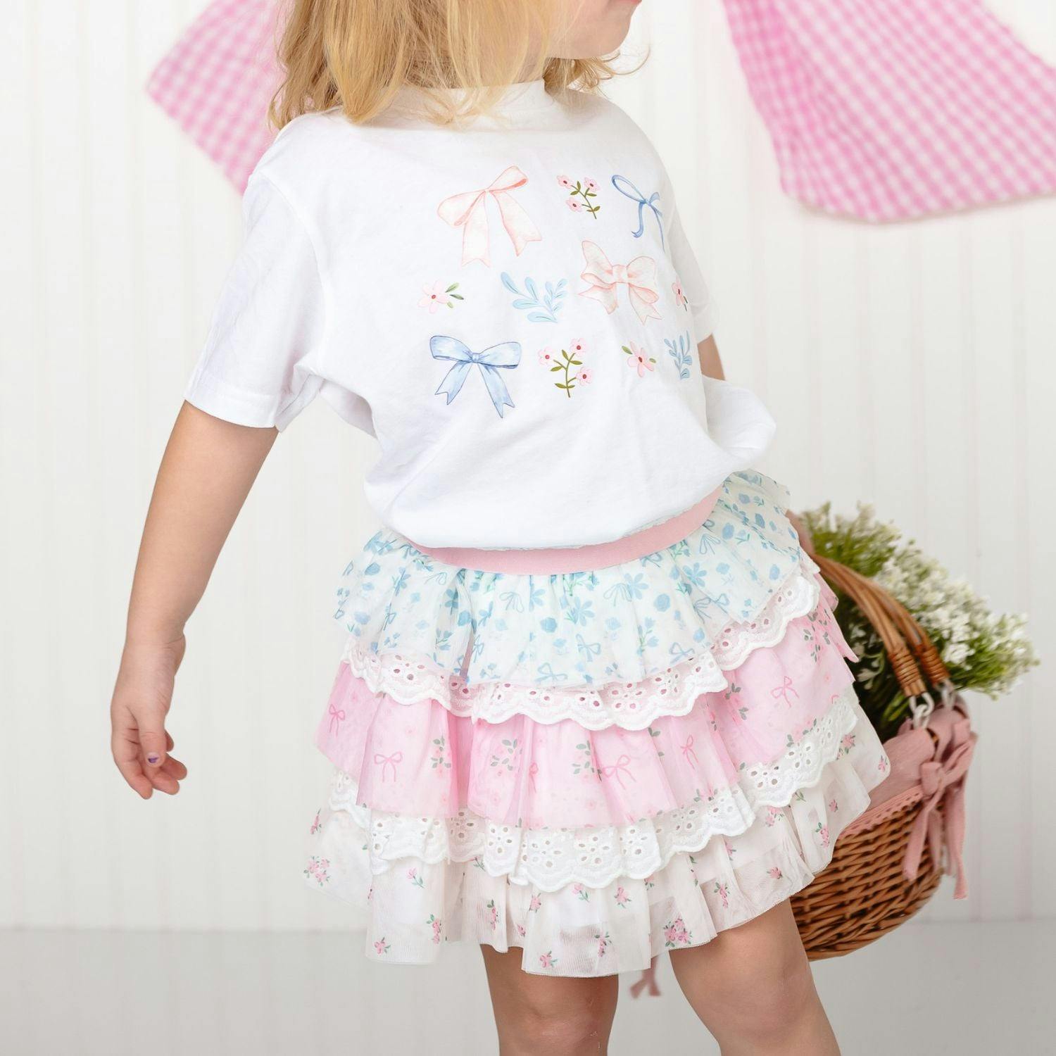 Floral & Bow Watercolor Short Sleeve T-Shirt - White