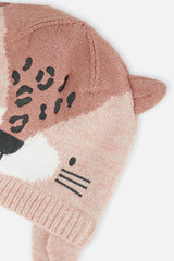 Baby Leopard Winter Knit Hat With Ear Flaps And Ears Pale Dusty Pink