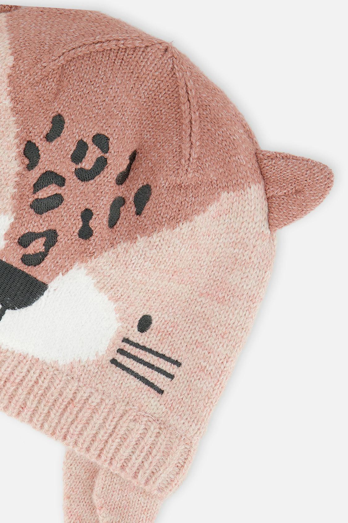 Baby Leopard Winter Knit Hat With Ear Flaps And Ears Pale Dusty Pink