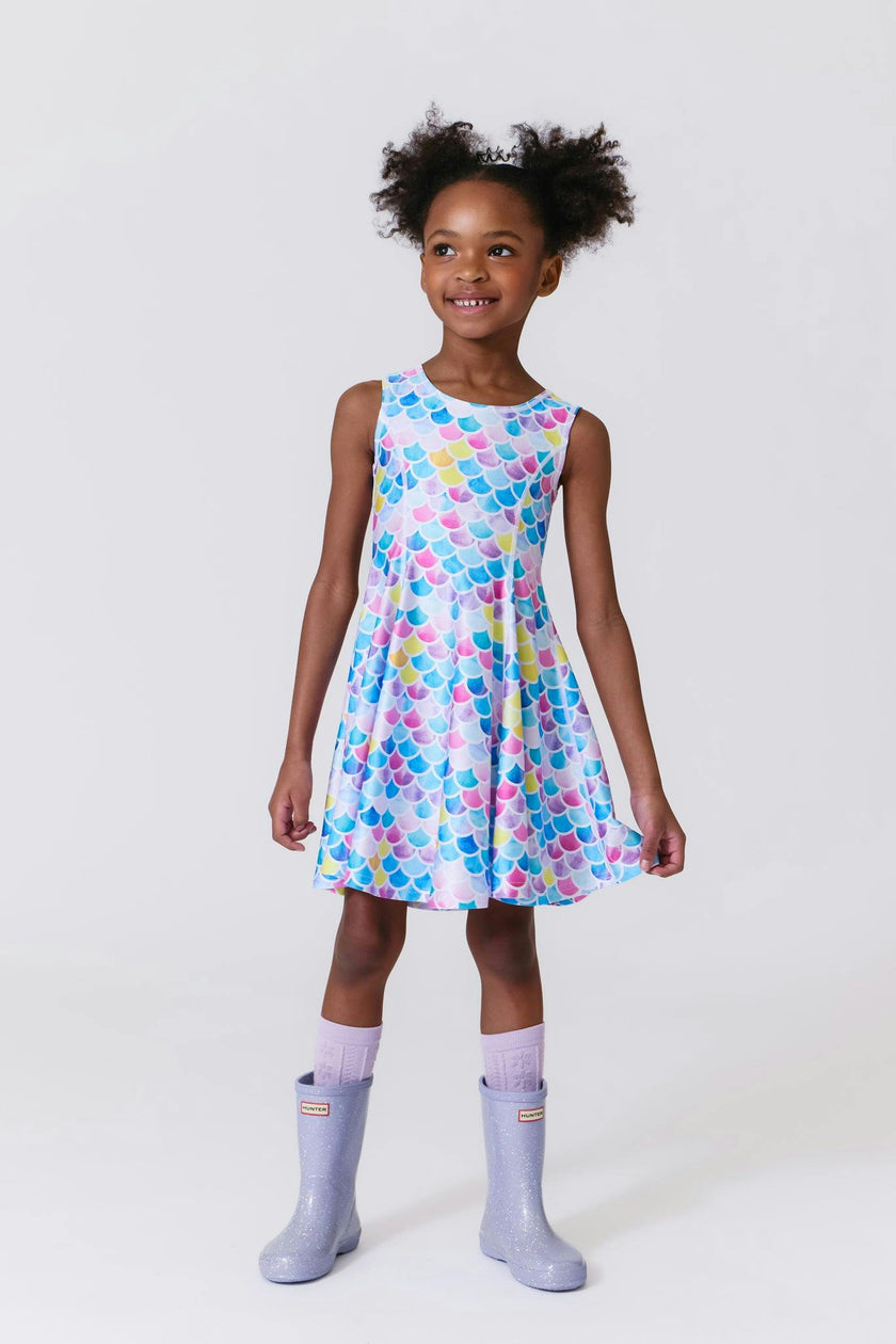 Girls Hi-Shine Skater Dress in Watercolor Mermaid