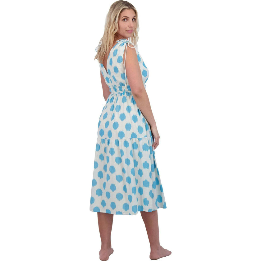Noemie Women's Ruched Shoulder Tie Maxi Dress Cream Aqua Ikat, Blue