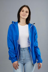 Women's royal blue full zip packable rain jacket and windbreaker