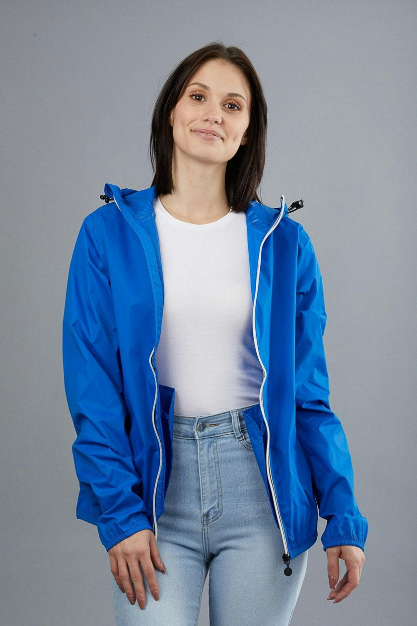 Women's royal blue full zip packable rain jacket and windbreaker
