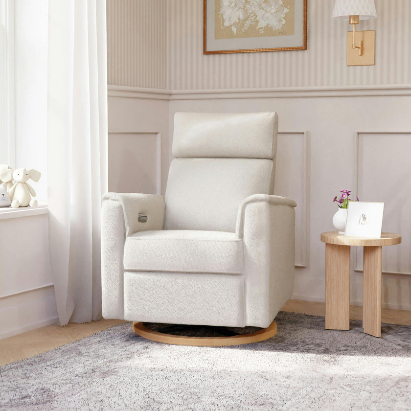 Willa Plus Power Glider Recliner W/ Power Headrest In Ivory Boucle With Light Wood Base