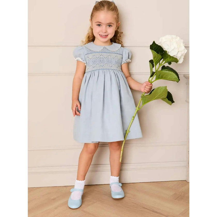 Hand Smocked Peter Pan Collar Short Sleeve Dress in Sky Blue (12mths-10yrs)