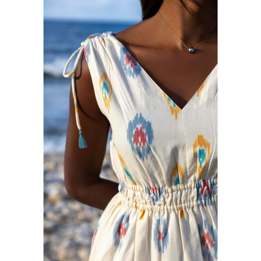 Women's Noemie Ruched Shoulder-Tie Ikat Maxi Dress, Multi