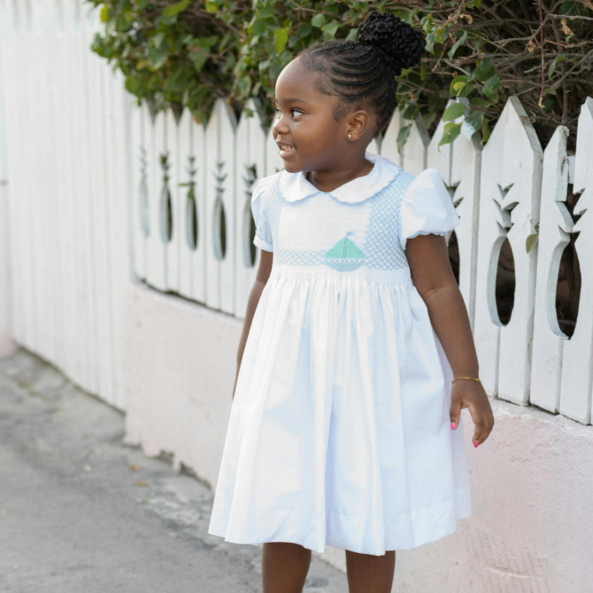 Eloise Dress in Smocked Sailboats