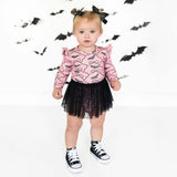 Bat Trellis Printed Halloween Long Sleeve Tutu Bodysuit