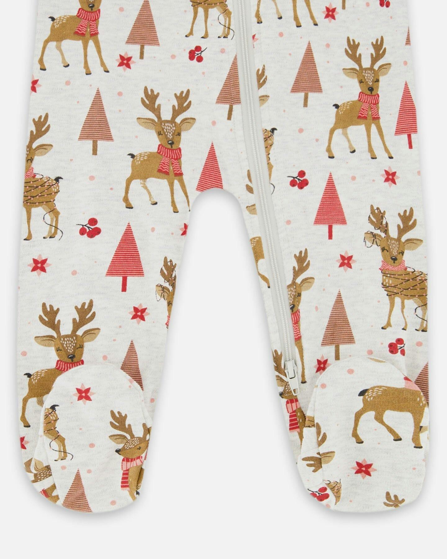 One-Piece Organic Cotton Pajama Beige Girly Reindeer Print