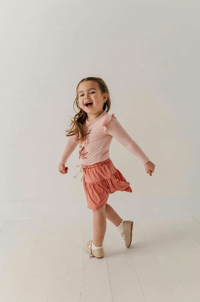 Girls Long Sleeve Ruffle Top in Reindeer on Holiday Blush