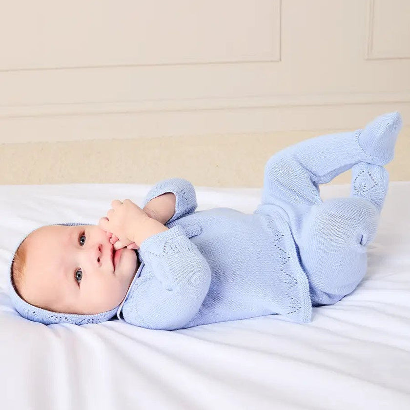 Diamond Openwork Three Piece Knitted Set in Light Blue (1-9mths)
