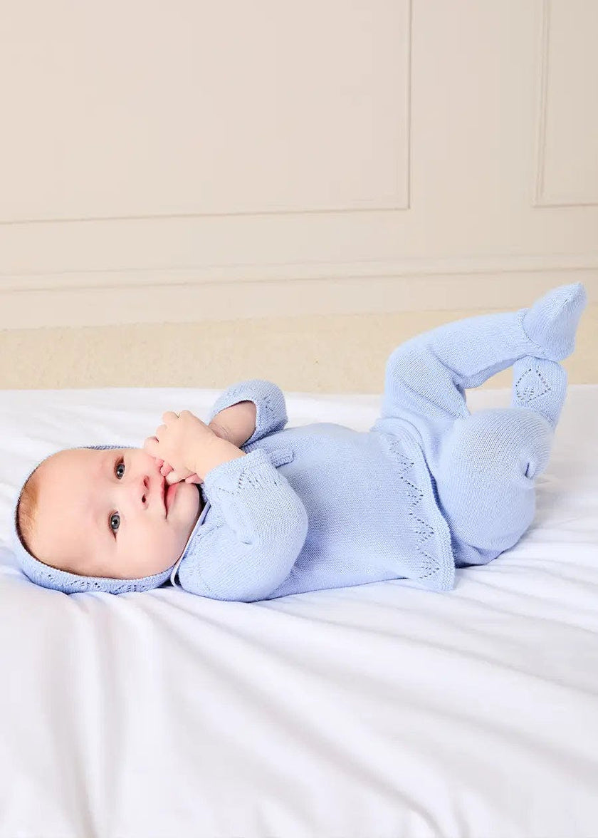 Diamond Openwork Three Piece Knitted Set in Light Blue (1-9mths)