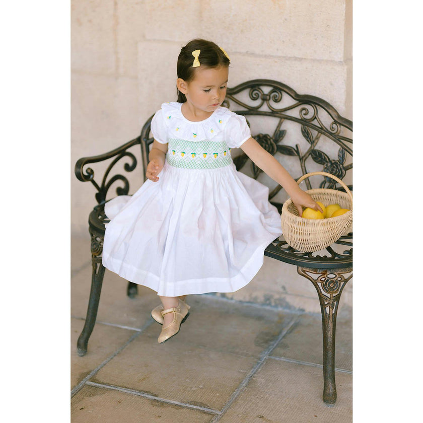 Victoria White Smocked Dress with Hand-Embroidered Lemons