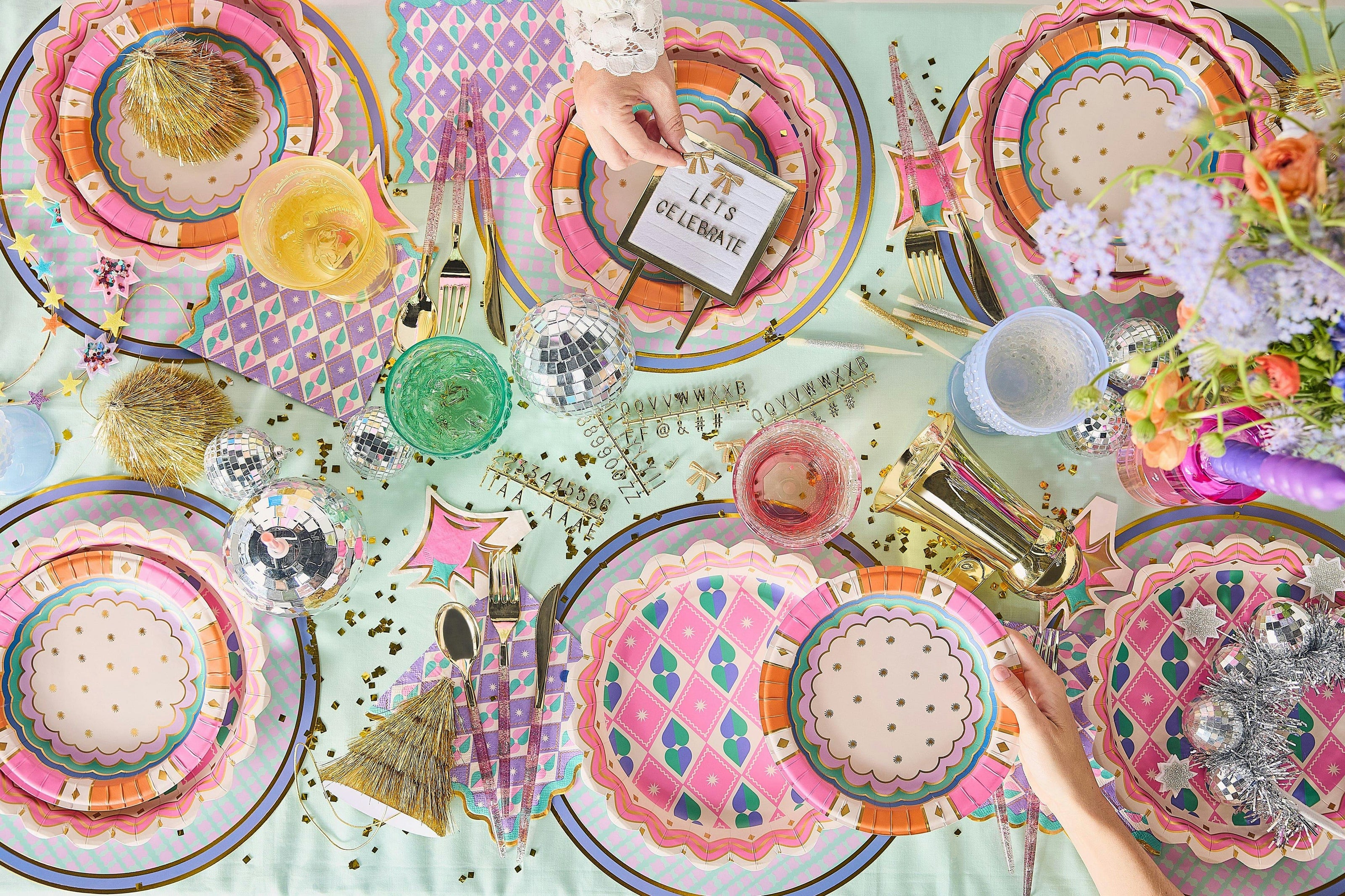 Packed Party Circus Soiree Dessert Plates 10ct - Gold Foil Colorful 3-Ply Party Plates, 8 Inch, 350 GSM for Circus and Carnival Birthdays