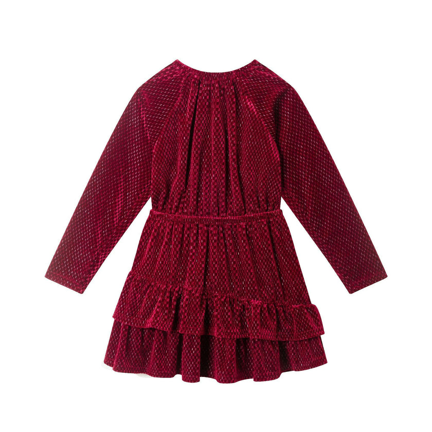 Kids Red Velvet Asymmetrical Tiered Dress