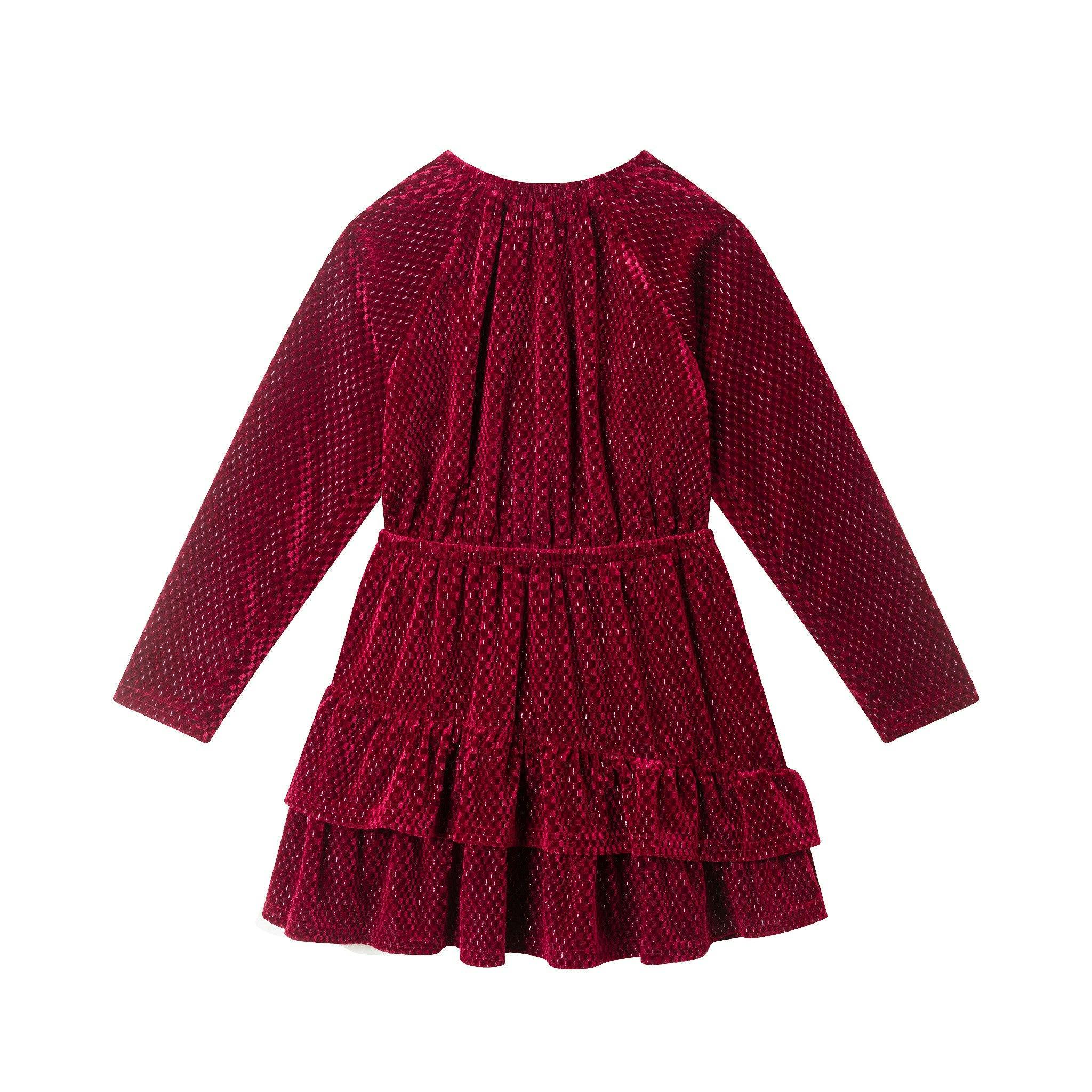 Kids Red Velvet Asymmetrical Tiered Dress
