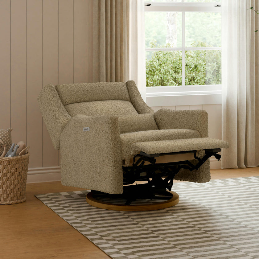 Kiwi Plus Chair and a Half Power Glider Recliner in Latte Teddy Loop w/ Dark Wood Base