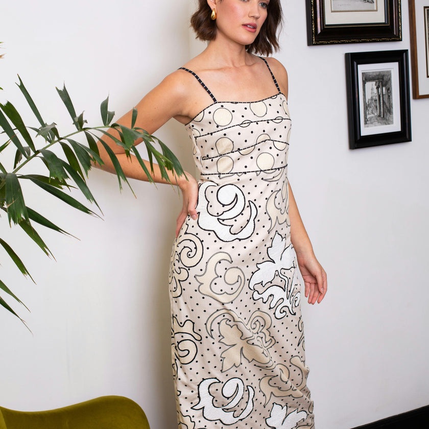 Sonya Ivory Noir Dotted Embroidery Midi Dress