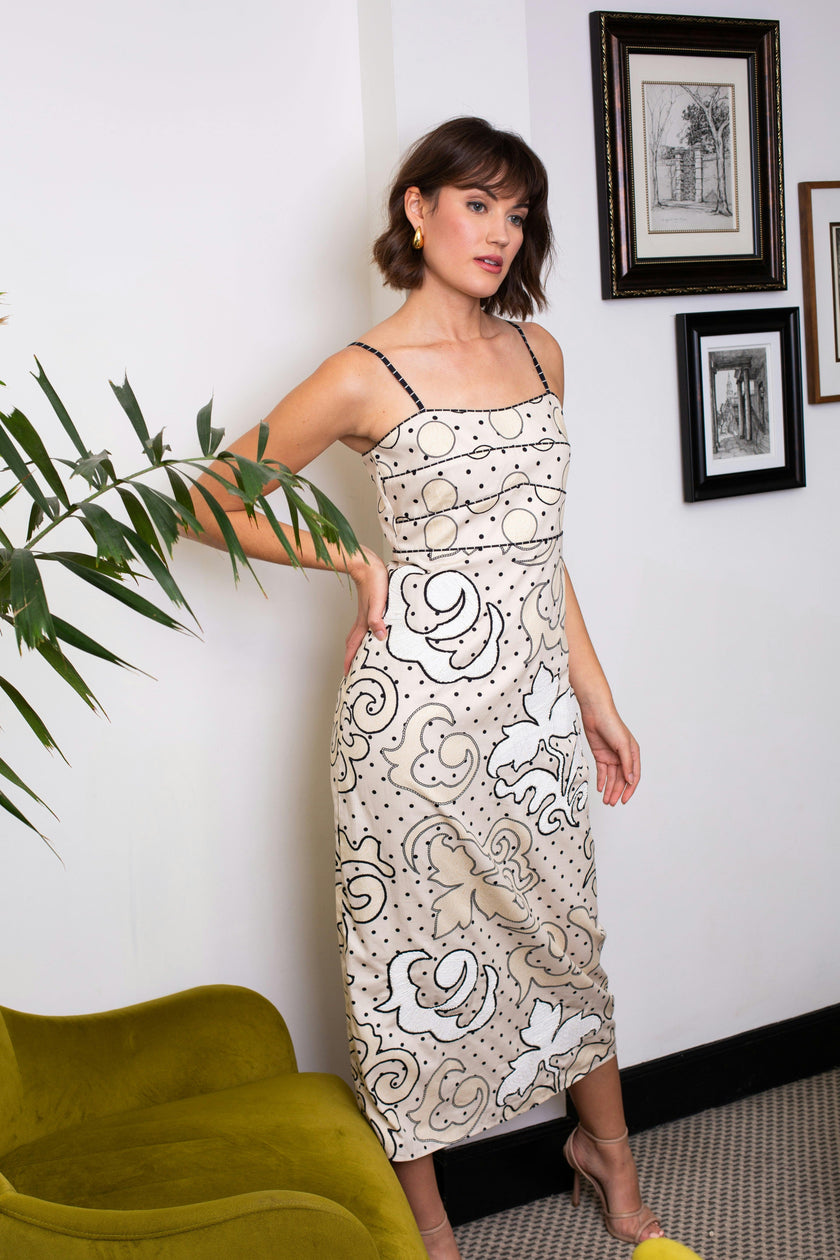 Sonya Ivory Noir Dotted Embroidery Midi Dress