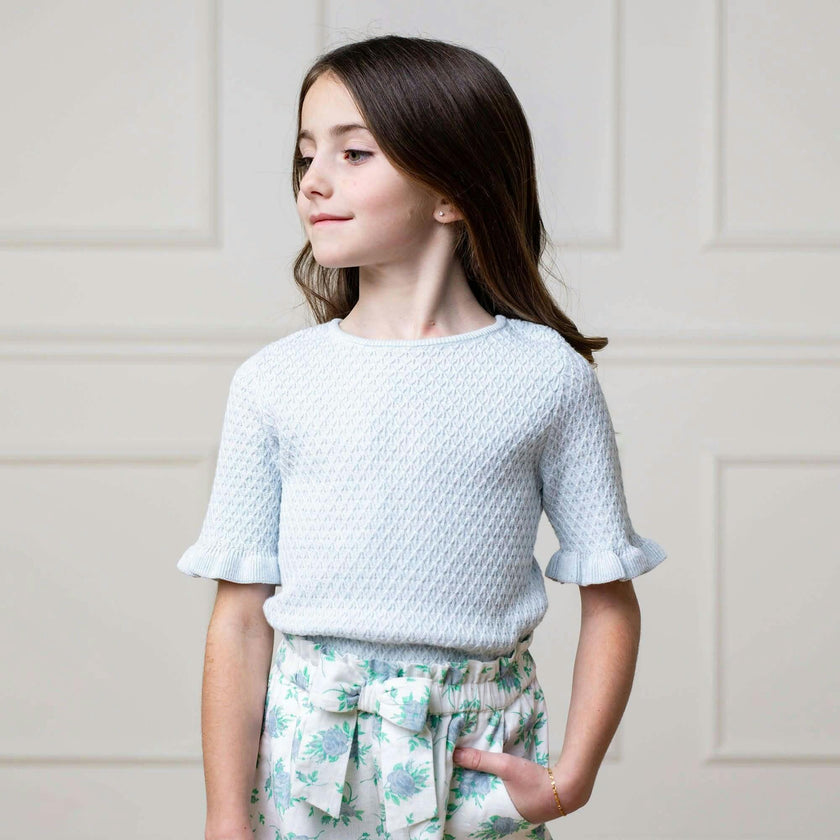 Organic Short Sleeve Ruffle Edge Sweater Knit Top, Blue