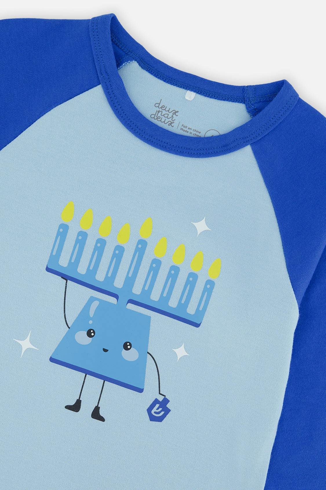 Organic Cotton Two Piece Pajama Set Blue Hanukkah Print