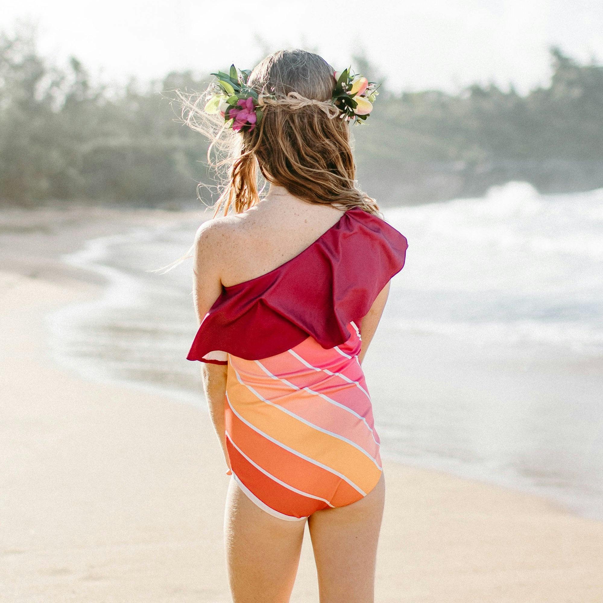 Sunset Beach Rainbow One Shoulder Ruffle