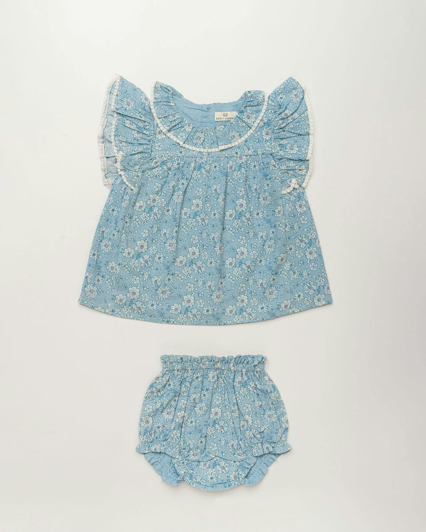 Vicky Baby Dress & Bloomer Set - Tonal floral blue print