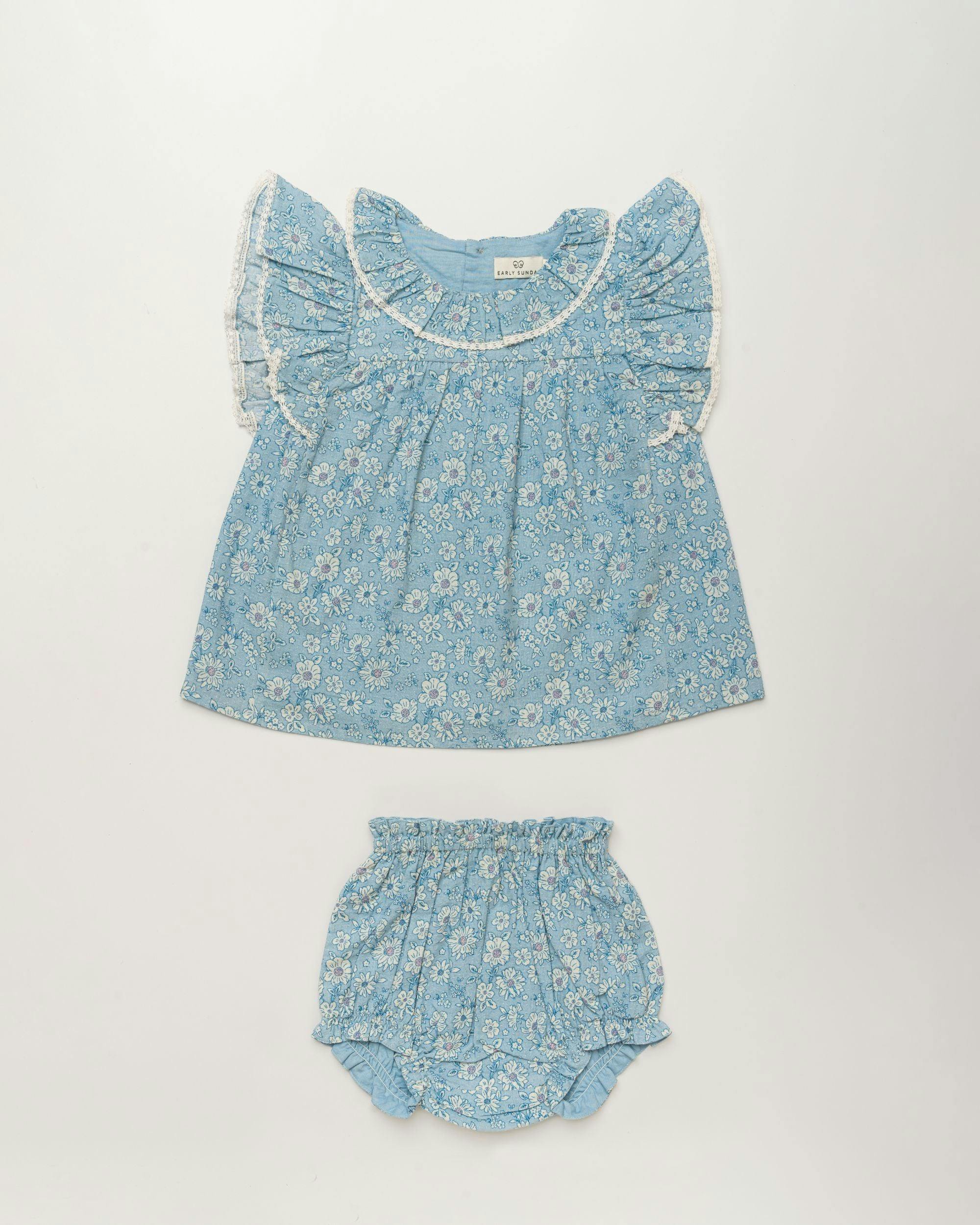 Vicky Baby Dress & Bloomer Set - Tonal floral blue print