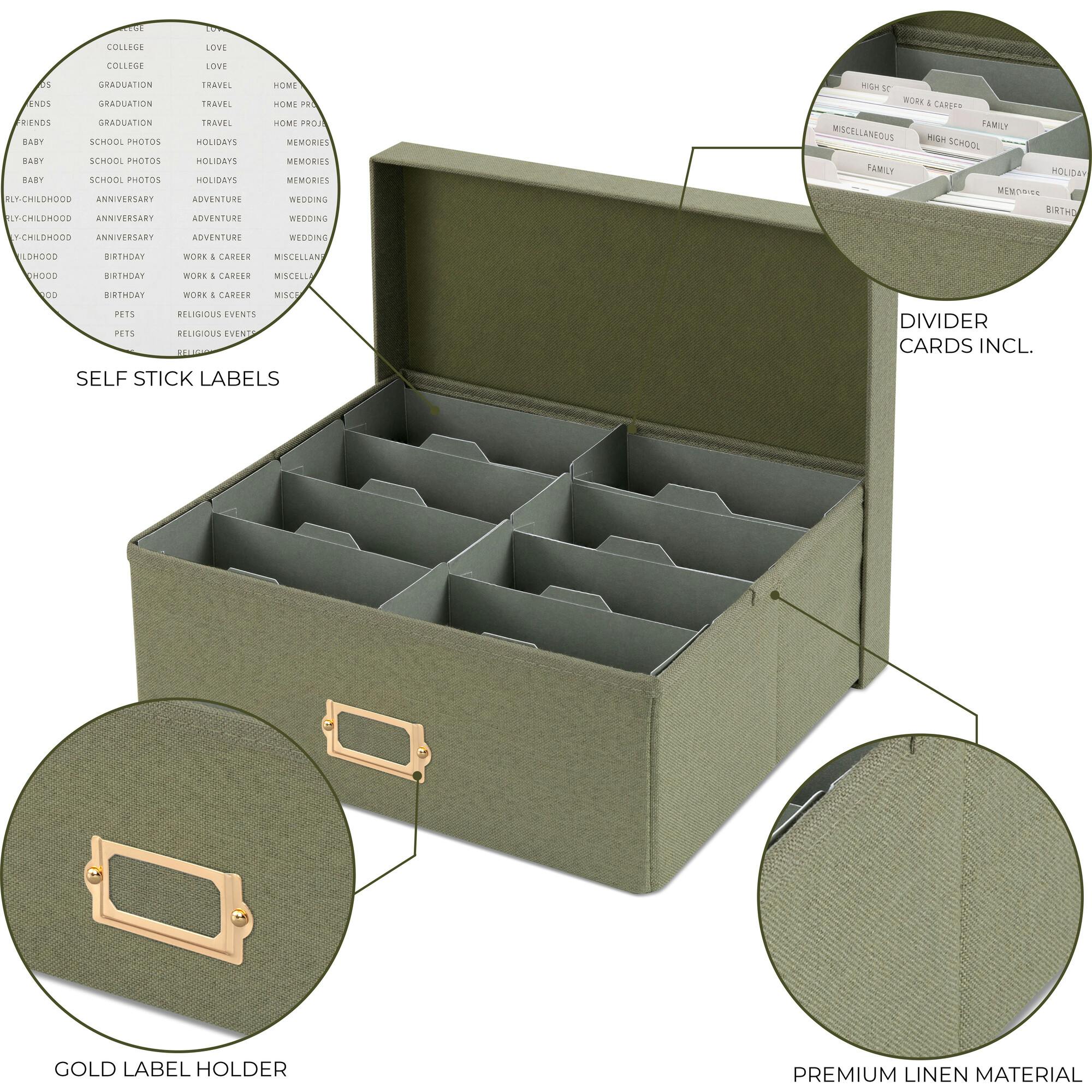 Decorative Photo Storage Box - Sturdy Linen Photo Organizer with Dividers - Stores Up to 850 4x6 Photos - Portable Scrapbook Storage Container with Lid
