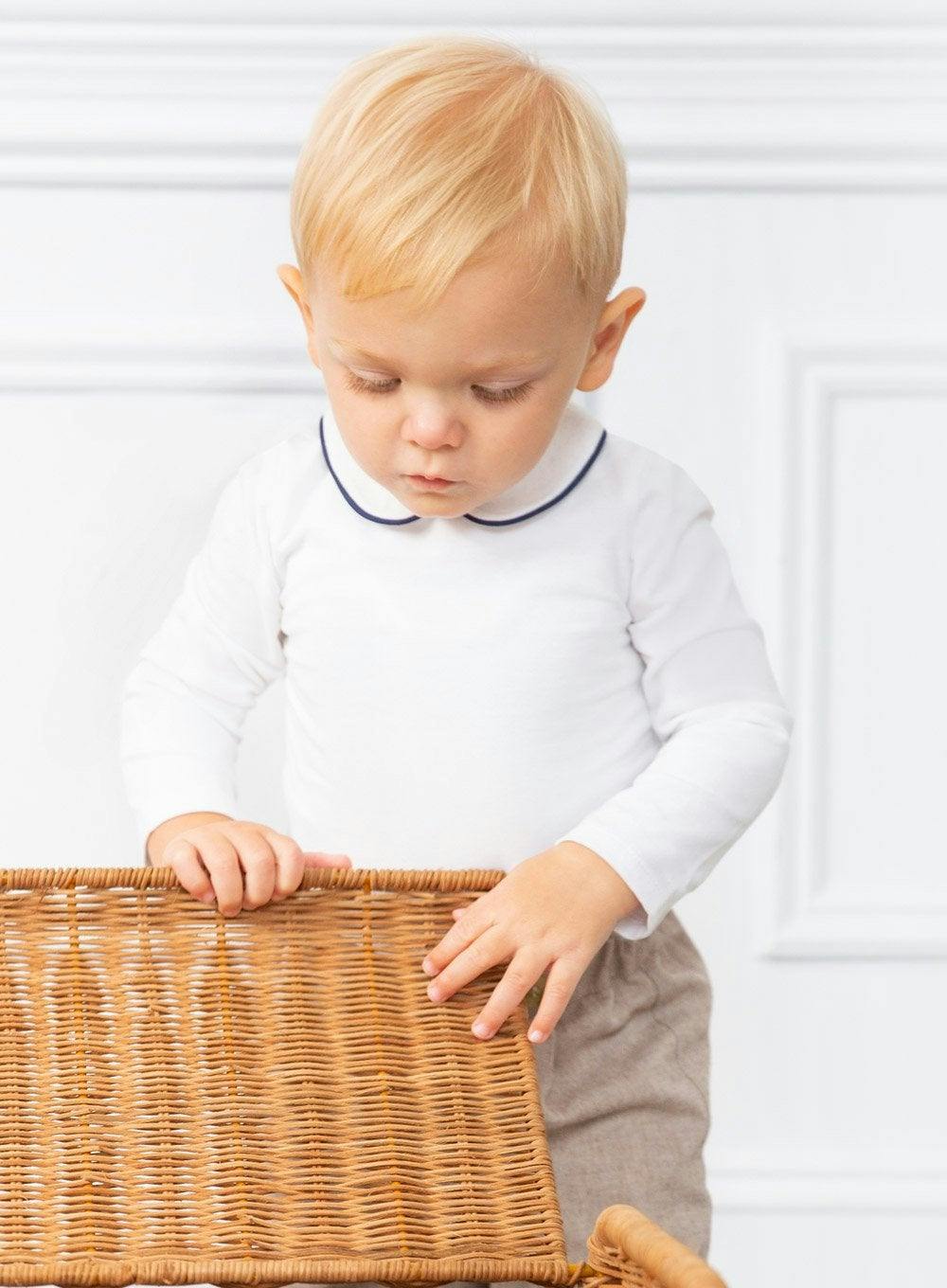 Baby Long-Sleeved Milo Bodysuit in White/Navy