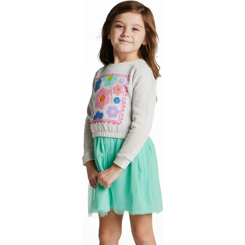Girls Chenille Floral Sweatshirt & Tulle Tank Dress Set | Aqua