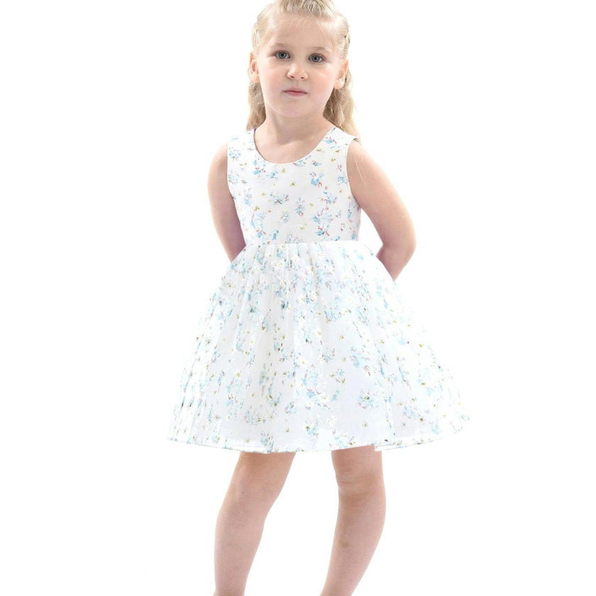 Blue Floral Print Bow Dress