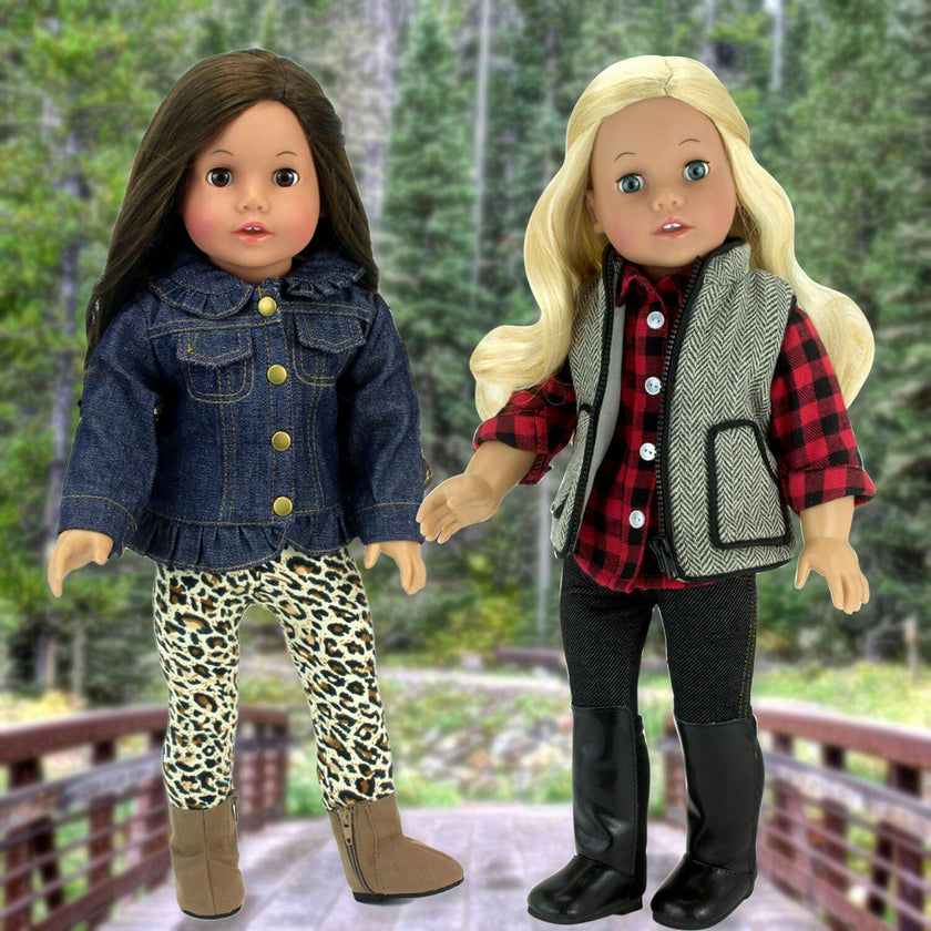 Sophia’s Jean Jacket, Cheetah Print Leggings, and Brown Faux Suede Booties for 18" Dolls